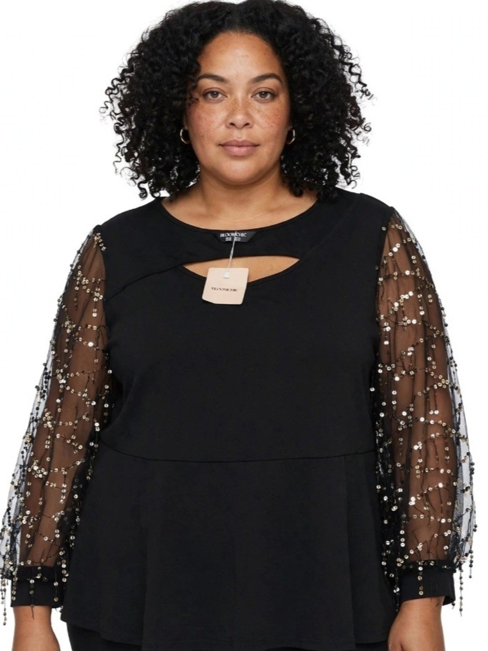 BLOOMCHIC NWT US 30 Black Gold Sequin Mesh Balloon Sleeve Peplum Top Plus 5X 6X